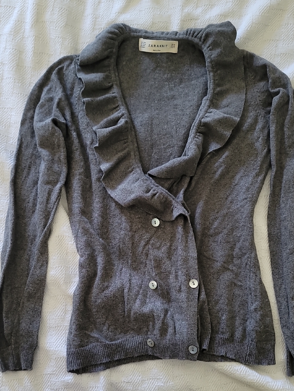 Zara Gray Ruffle-Trim Button Cardigan